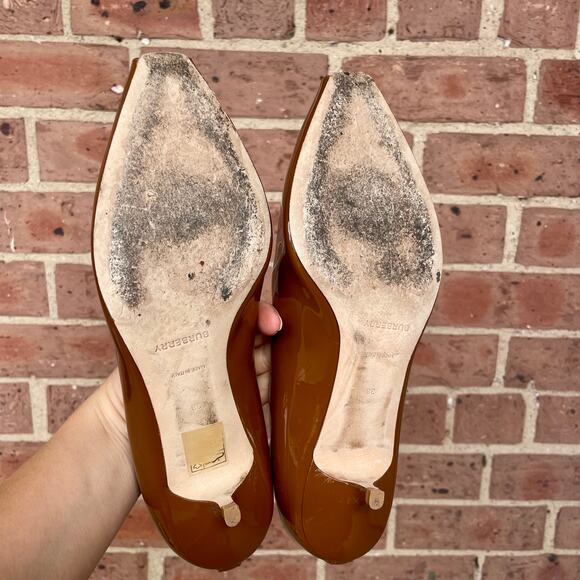 Burberry Brown Patent Leather Dill Kitten Heel Ankle Cuff Pumps Heels 38 Satin - Picture 7 of 14